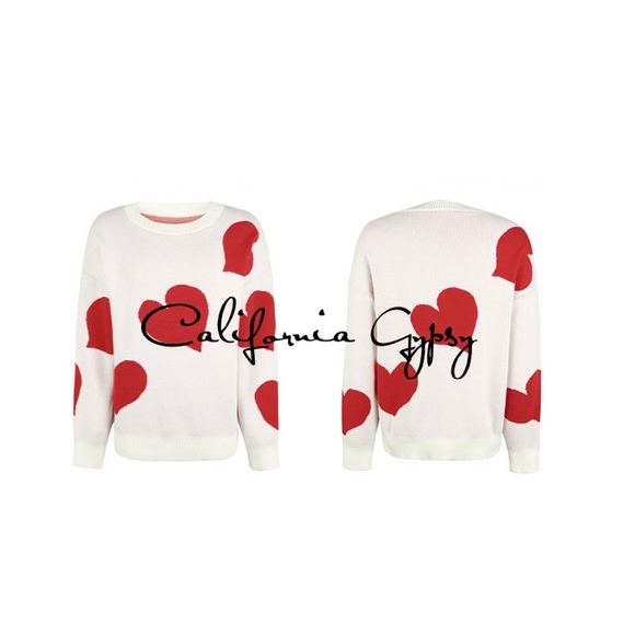 Heart Print Oversized V-Neck Knit Sweater - Picture 6 of 9